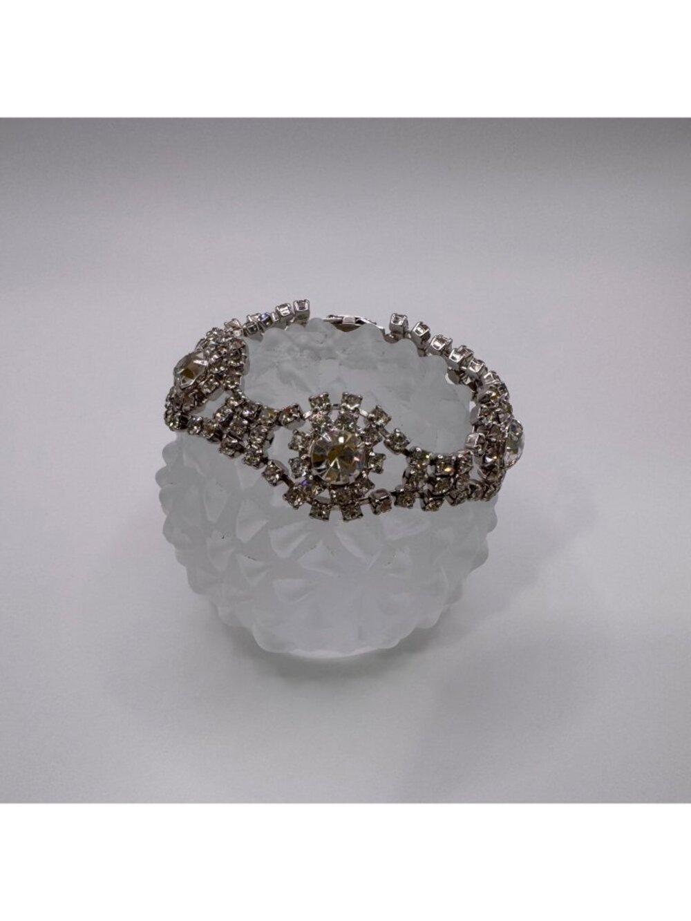 Vintage Rhinestone Bracelet Clear Crystal Floral Silver Tone 6.75” Wide